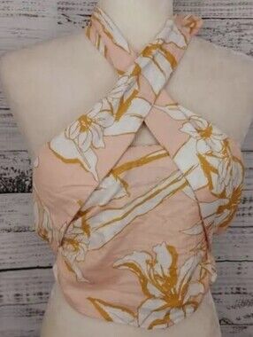 Rachel Zoe Peach Floral Crisscross Halter Crop Top Linen